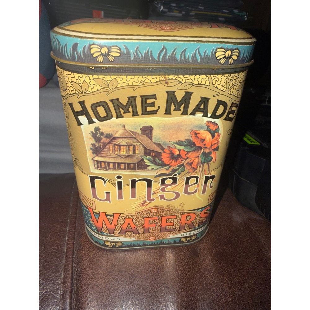 VTG Daher Ginger Wafers Biscuit Tin Metal Container Made in England Gold Teal